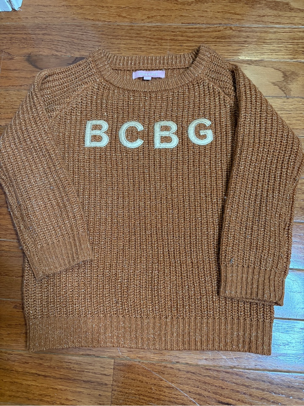 BCBG Girls Sweater Copper Brown Gold Metallic Sparkle Logo Knit Top 2T
